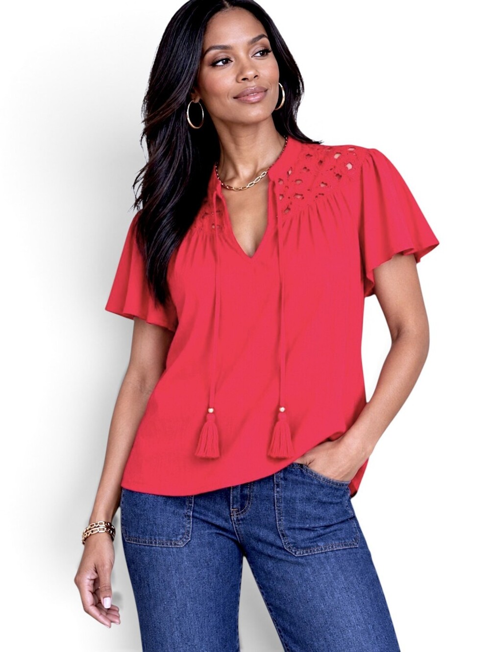 Women's Short Sleeve V-Neck Woven Eyelet Top - Knox Rose Red